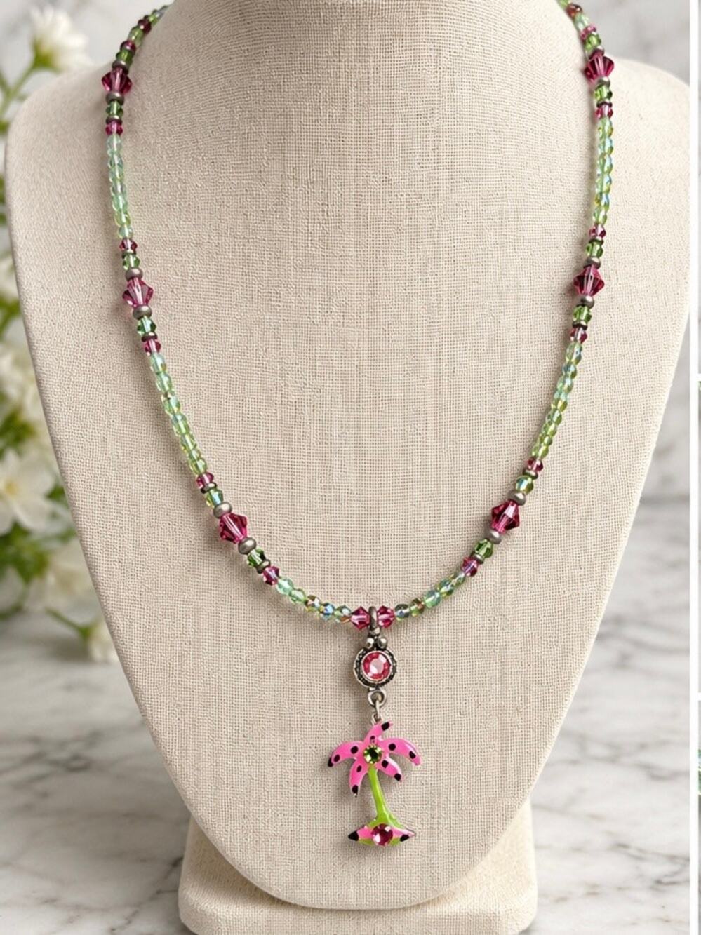 Handmade Genuine Swarovski Crystal Palm Tree Necklace Pink Green Preppy Y2K